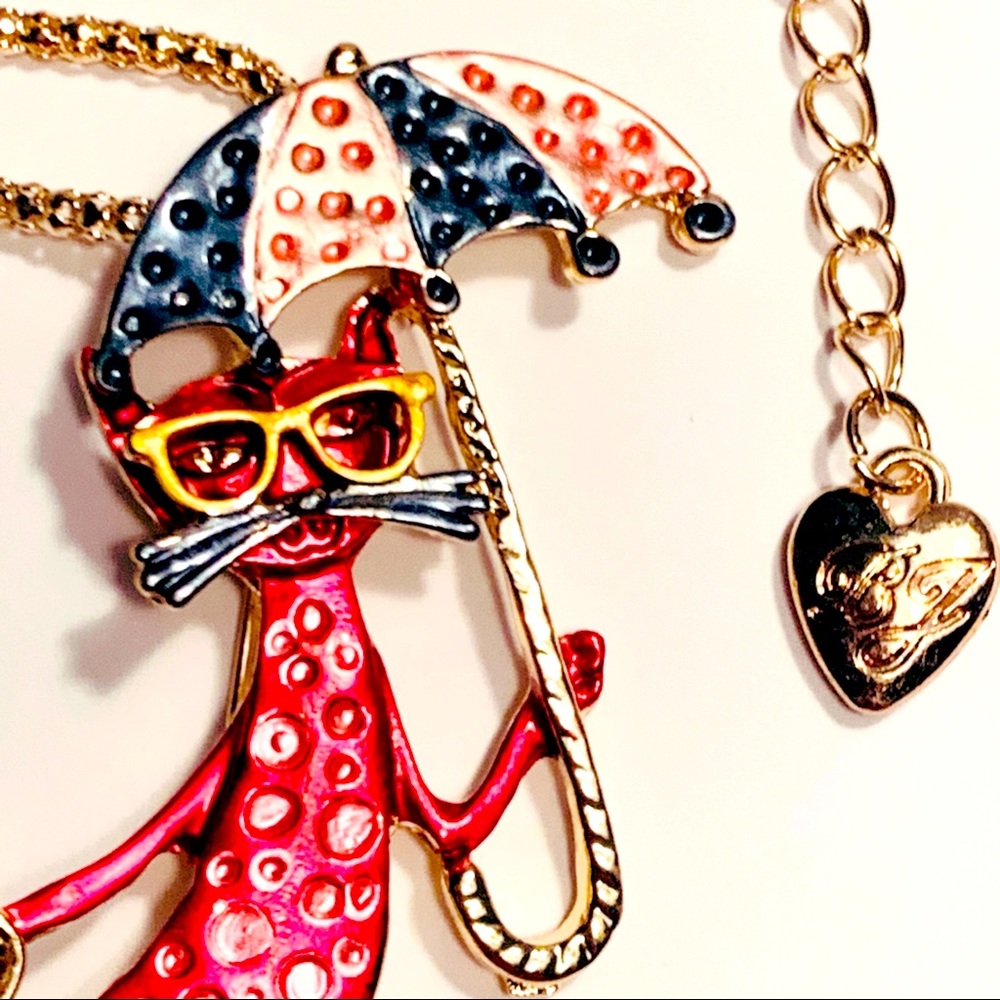π 3/$30 π Betsey Johnson Style - Red Parasol Cat Necklace - Picture 2 of 5